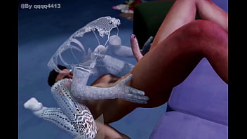 An invisible girl wearing a white lace outfit/living lace outfit kneeling and giving a man oral sex.