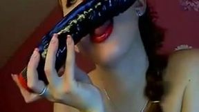 Wild nasty brunette bitch played with her huge black dildo in weird mode