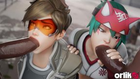 tracer + kiriko share huge bbc – sloppy bj & cowgirl 3d animation (overwatch)