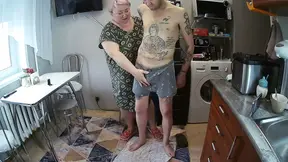 mother-in-law does a deep blowjob jerks off a dick to a cumshot