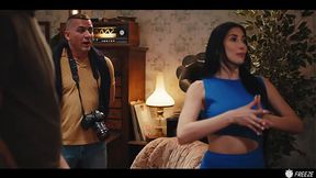 French Brunette with Fake Enhanced Huge Boobs Gets Her Nipples Sucked while Frozen in Time