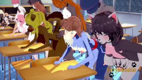 Furry threesome in classroom with creampie