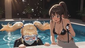 Long Underwater Breath Hold Training - Blonde in Tight Glossy Wetsuit with Dominant Mistress