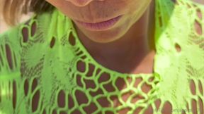 Exotic Beach Encounter: Mature Asian Beauty in Fishnet Dress Delights Her Partner