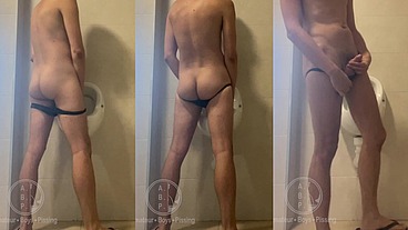 Dared his flatmate to expose his hot smooth butt at the pool's public toilets urinal