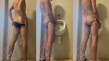 Dared his flatmate to expose his hot smooth butt at the pool's public toilets urinal