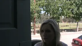 Slender blonde's tight pussy pounded on the couch