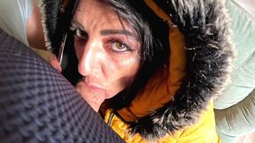 smoking phone call downjacket. noisy hooded blowjob and cum on my coat