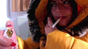 smoking phone call downjacket. noisy hooded blowjob and cum on my coat