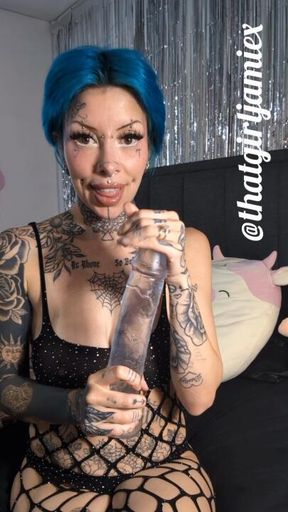 Wanking and blowing XL dildo, blue haired slut