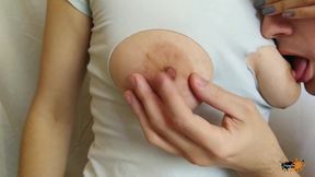 Ripped clothes to suck natural big tits. Horny nipples