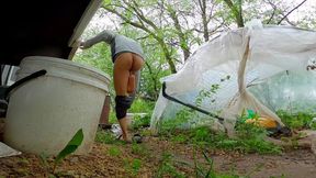 Mommy's dirty slut drinks his own piss for the first time in the woods