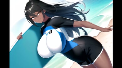 Curvy anime heroine strikes sultry beach poses in tight swimsuit
