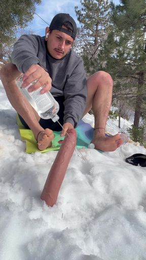 Dildo footjob in the snow