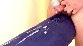 Fat guy peeing and ejaculating on inflatable pillow with thunder alert