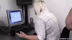 Chubby blonde gives titjob and rides cock for job