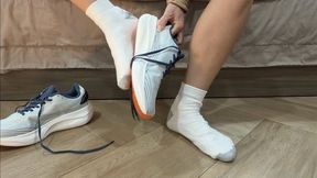 Tiny Feet in His Giant Dirty Socks – Boyfriend's Sweaty Worn Sneakers, Sole Close-Up, Smell Tease, Size Comparison POV