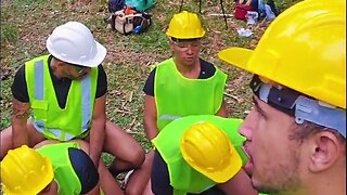 Bareback orgy with construction workers on the construction site