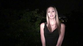 Pretty sandy-haired Kitty Jane taunts with big tits before public gangbang