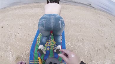 Sunblock massage on a pigtail cute girl on beach POV