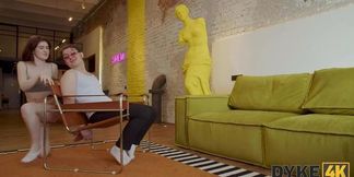 Handcuffed guys get licked and pounded by lesbian sluts