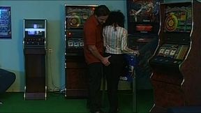 First He Slams Her on the Pinball Machine Then He Fucks Her in the Ass on the Couch