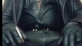 black full leather gear smoke, cock stroke & cum
