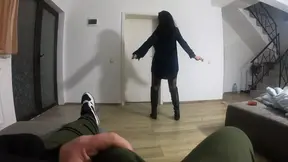 Cum play with a hot slut in a long down-jacket