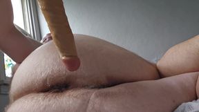 Chubby White Daddy tries vibrating dildo