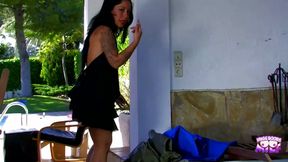 A spicy Latina is all dressed up for meeting her fucker who trashes her cunt.