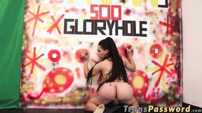 ”Shemale stunner c**es on heavy glory hole meat & moans loud”