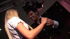 The guitarist fucks a cute blonde lassie and sprays her body with his urine at the end