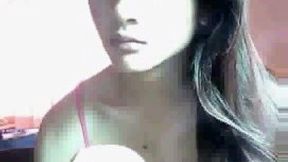 Cute Thai webcam shemale jerks off her dark shaved cock for me
