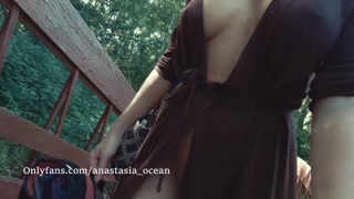 Walking without undearwear in park. Meeting with stranger. Real public