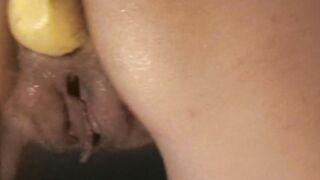 Banana inside my holes inside front of the web cam