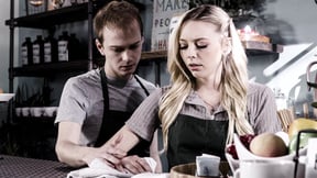 Petite blonde barista blows and fucks her cheating BF in the cafe