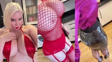 Busty British MILF in satin PVC teases her hairy pussy while you vote for who gets your cock hard