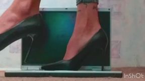 Nastya trample and crush laptop - very sexy feet and high heels + spitting