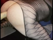 Getting machine fucked by big white dildo