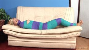 Lovely Lena Shelby Is Feeling Blue Cocooned In Med Wrap Of The Same Hue!