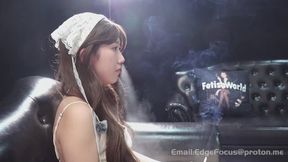 Elegant Asian Woman Answers Candid Interview Questions While Deeply Inhaling and Exhaling Thick Cigarette Smoke — ZI1 HD