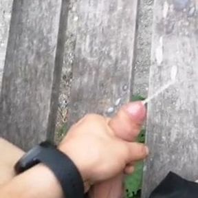 Outdoor cumshot on a bench