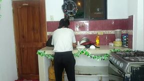 Big-bootied stepdaughter seduces her old stepfather in the kitchen to have sex