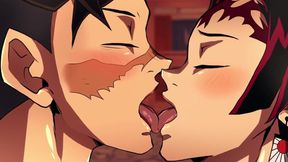 Genya x Tanjiro gay porn bent over bathtub sloppy blowjob