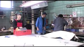 Horny handyman fucks a hot German cougar on the table