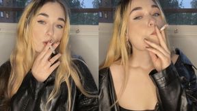 Closeup smoking in a leather jacket, eye contact as i blow slow exhales - Smokingrapunzel