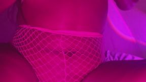 Ebony Goddess guides your stroke in a hot pink bikini top and pink fishnets with her big titties and sexy body