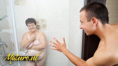 Hairy BBW Grandma Waiting For Her Toyboy In The Shower