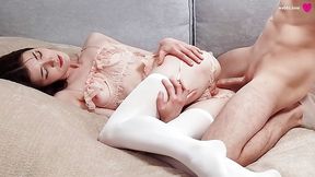 Skinny brunette girl in sexy lingerie gets anally fucked and creampied