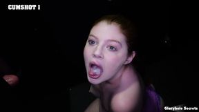 pulls down her top and kneels with her mouth wide open to experience more cocks 1st visit